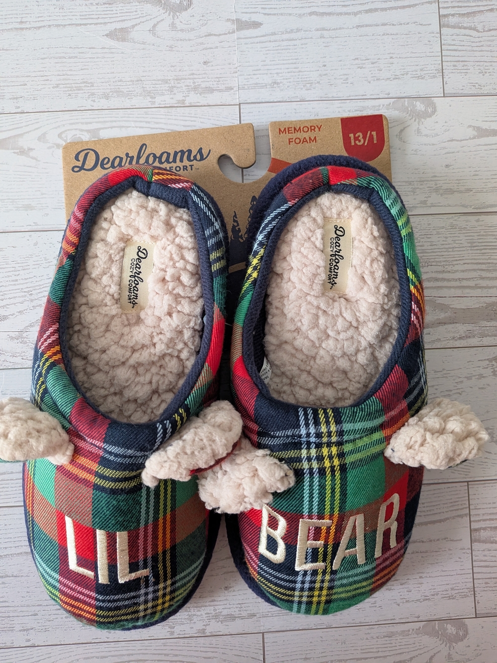 Dearfoams Kids "Lil Bear" Plaid Memory Foam Slippers - Red/Green/Blue